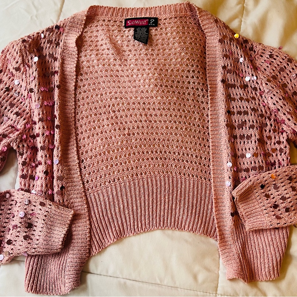 Y2K Women’s PINK CROCHET CROP SWEATER by SAY WHAT three quarter Sleeve SIZE M